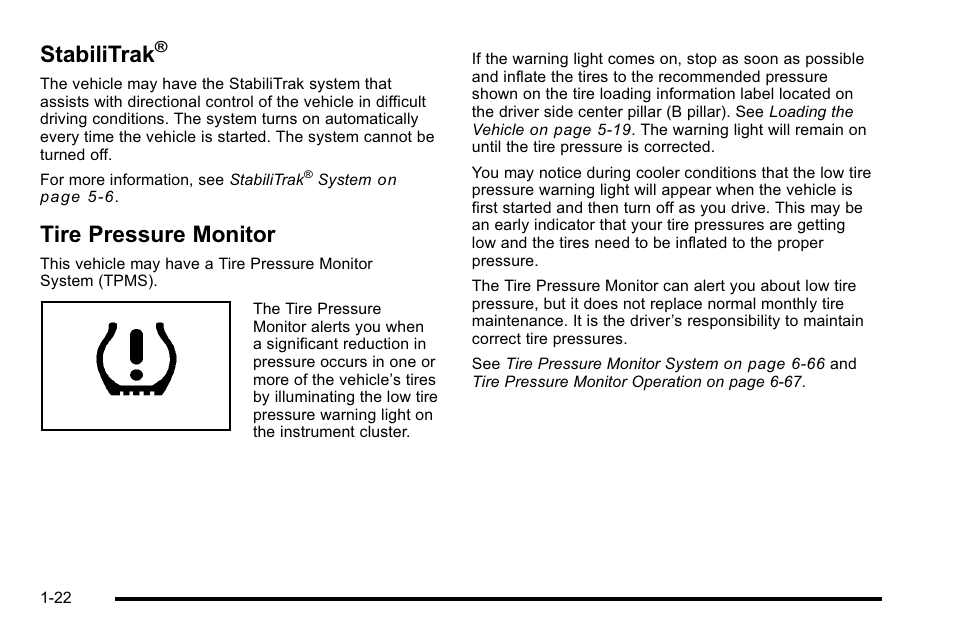 Stabilitrak, Tire pressure monitor, Tire pressure monitor -22 | Buick 2010 Lucerne User Manual | Page 28 / 474