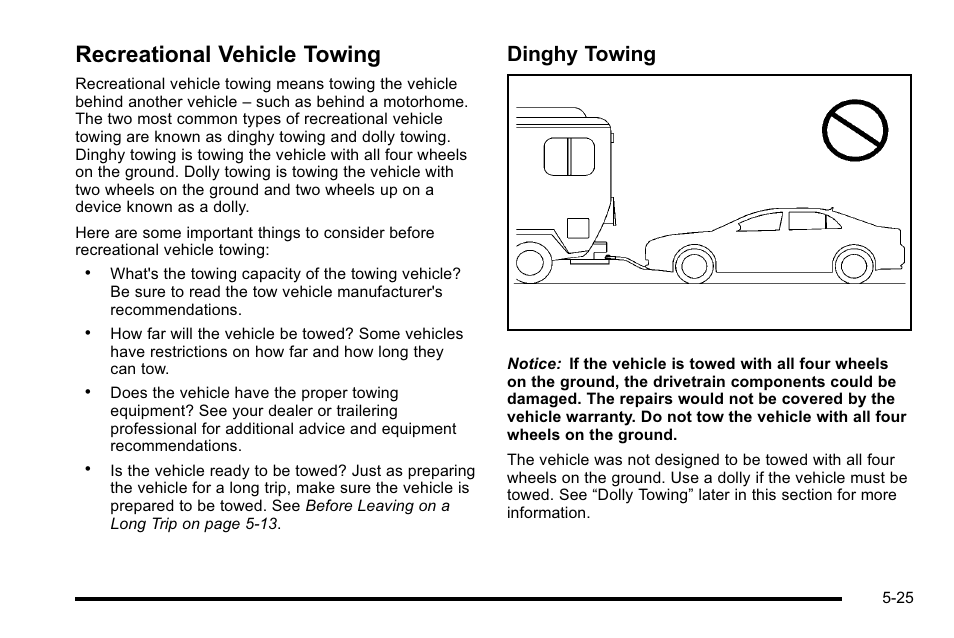 Recreational vehicle towing, Recreational vehicle towing -25, Dinghy towing | Buick 2010 Lucerne User Manual | Page 293 / 474