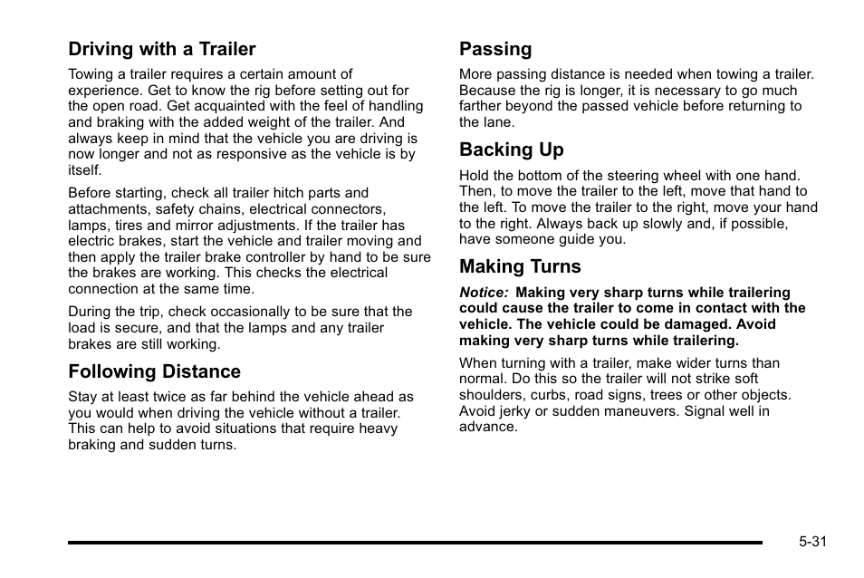 Driving with a trailer, Following distance, Passing | Backing up, Making turns | Buick 2010 Lucerne User Manual | Page 299 / 474