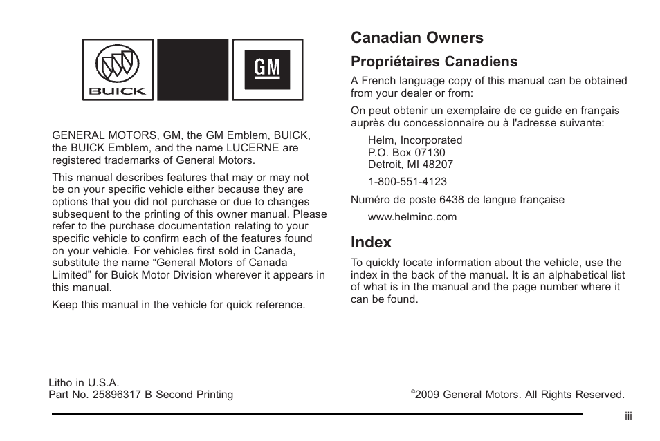 Preface, Canadian owners, Index | Propriétaires canadiens | Buick 2010 Lucerne User Manual | Page 3 / 474