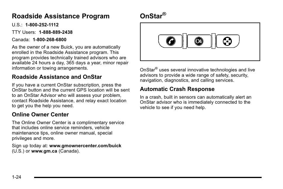 Roadside assistance program, Onstar, Roadside assistance program -24 onstar | Buick 2010 Lucerne User Manual | Page 30 / 474