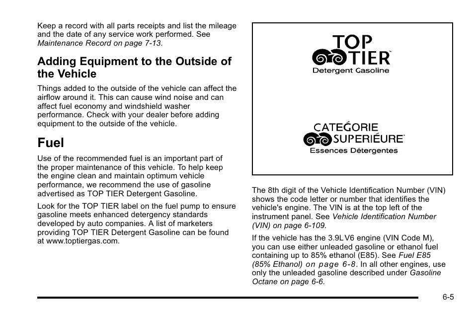 Adding equipment to the outside of the vehicle, Fuel, Adding equipment to the outside of the | Vehicle -5, Fuel -5 | Buick 2010 Lucerne User Manual | Page 307 / 474