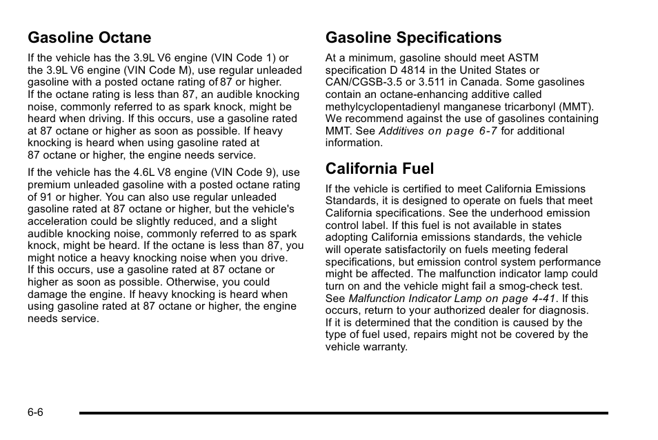 Gasoline octane, Gasoline specifications, California fuel | Buick 2010 Lucerne User Manual | Page 308 / 474