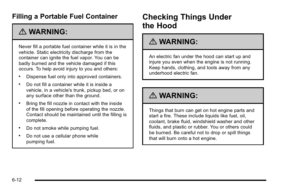 Filling a portable fuel container, Checking things under the hood, Checking things under the hood -12 | Filling a portable fuel container -12, Warning | Buick 2010 Lucerne User Manual | Page 314 / 474