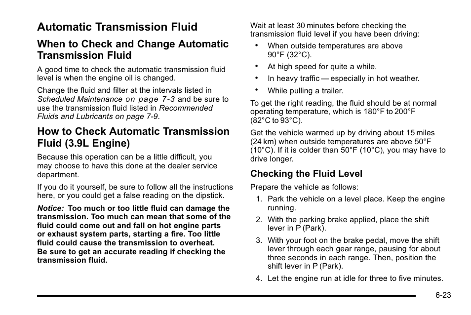 Automatic transmission fluid, Automatic transmission fluid -23, Tire | Checking the fluid level | Buick 2010 Lucerne User Manual | Page 325 / 474
