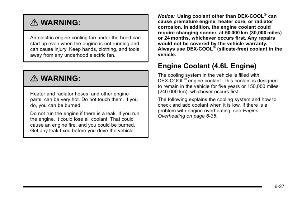 Engine coolant (4.6l engine), Engine coolant (4.6l engine) -27, Warning | Buick 2010 Lucerne User Manual | Page 329 / 474