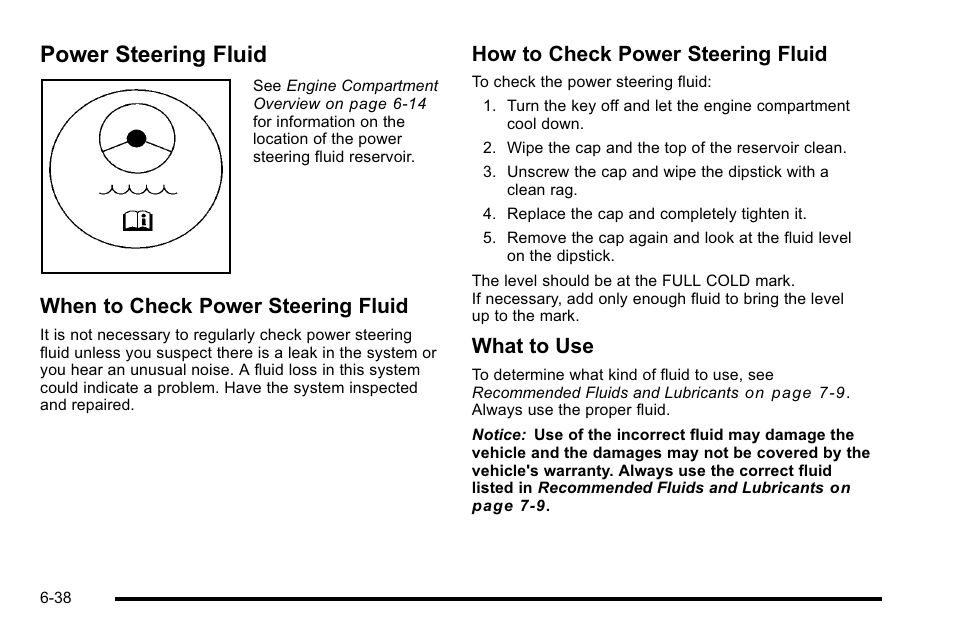 Power steering fluid, Power steering fluid -38, When to check power steering fluid | How to check power steering fluid, What to use | Buick 2010 Lucerne User Manual | Page 340 / 474