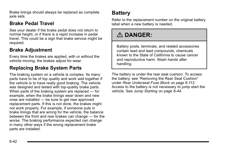 Battery, Battery -42, Danger | Buick 2010 Lucerne User Manual | Page 344 / 474