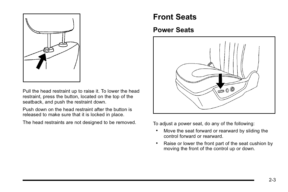Front seats, Power seats, Front seats -3 | Warning lights, gauges, Power seats -3 | Buick 2010 Lucerne User Manual | Page 35 / 474