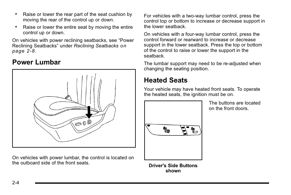 Power lumbar, Heated seats, Power lumbar -4 heated seats -4 | Buick 2010 Lucerne User Manual | Page 36 / 474