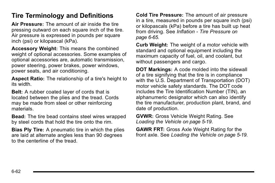 Tire terminology and definitions, Ire terminology and definitions -62 | Buick 2010 Lucerne User Manual | Page 364 / 474