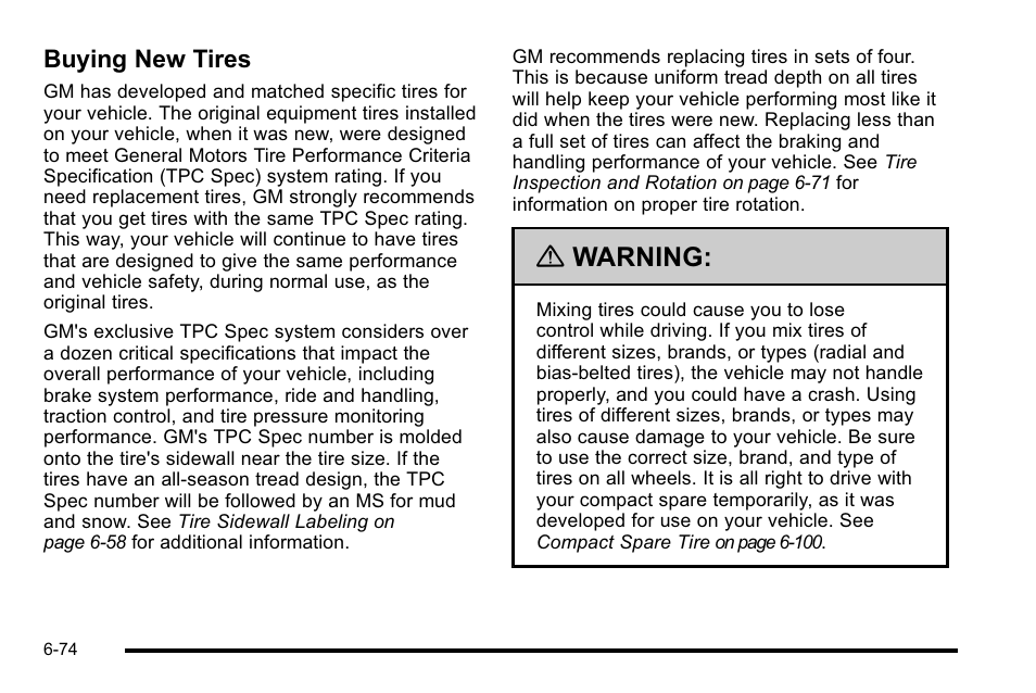 Buying new tires, Buying new tires -74, Warning | Buick 2010 Lucerne User Manual | Page 376 / 474