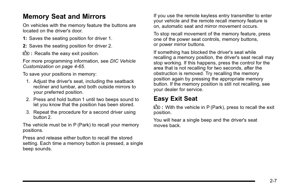 Memory seat and mirrors, Memory seat and mirrors -7, Easy exit seat b | Buick 2010 Lucerne User Manual | Page 39 / 474