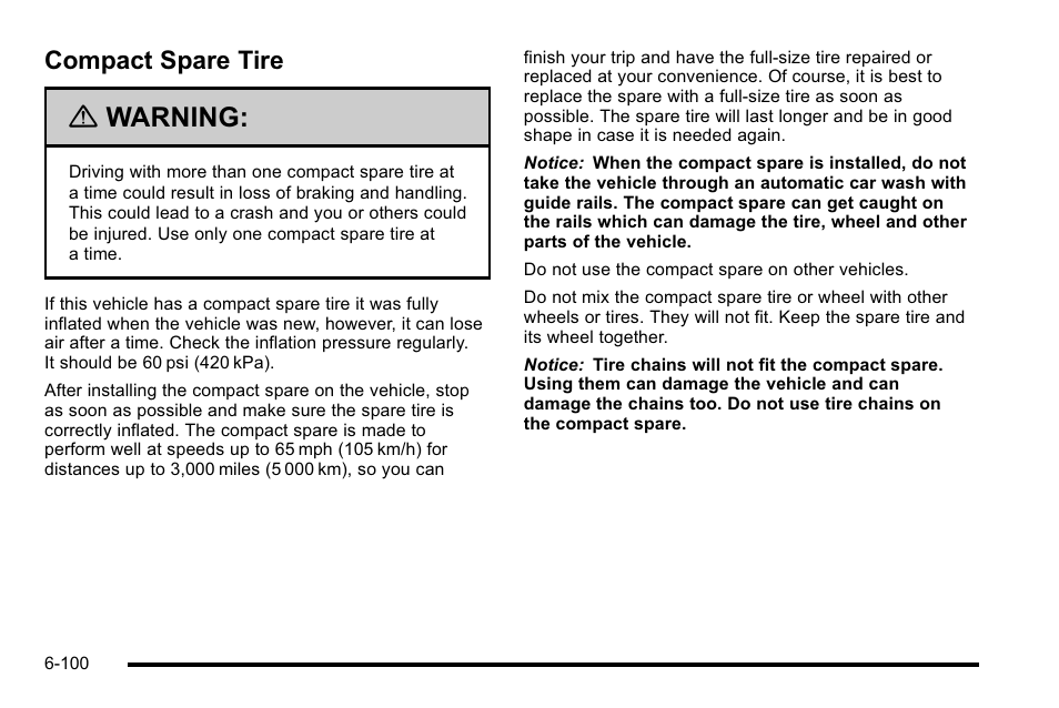 Compact spare tire, Compact spare tire -100, Warning | Buick 2010 Lucerne User Manual | Page 402 / 474