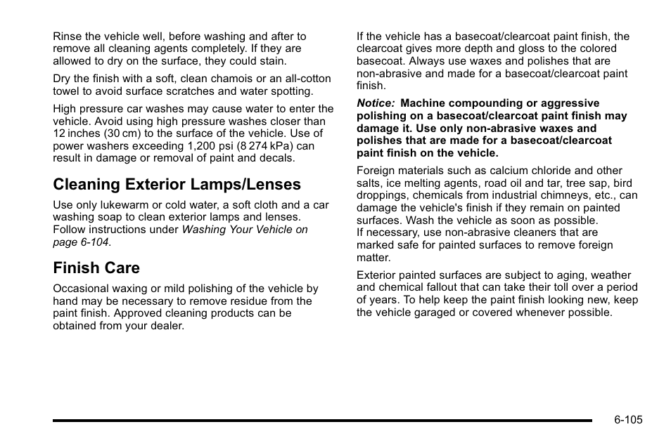 Cleaning exterior lamps/lenses, Finish care, Cleaning exterior lamps/lenses -105 | Care -105 | Buick 2010 Lucerne User Manual | Page 407 / 474