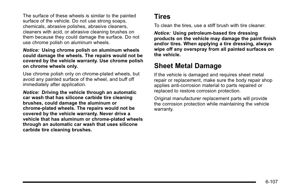 Tires, Sheet metal damage, Tires -107 | Metal damage -107 | Buick 2010 Lucerne User Manual | Page 409 / 474