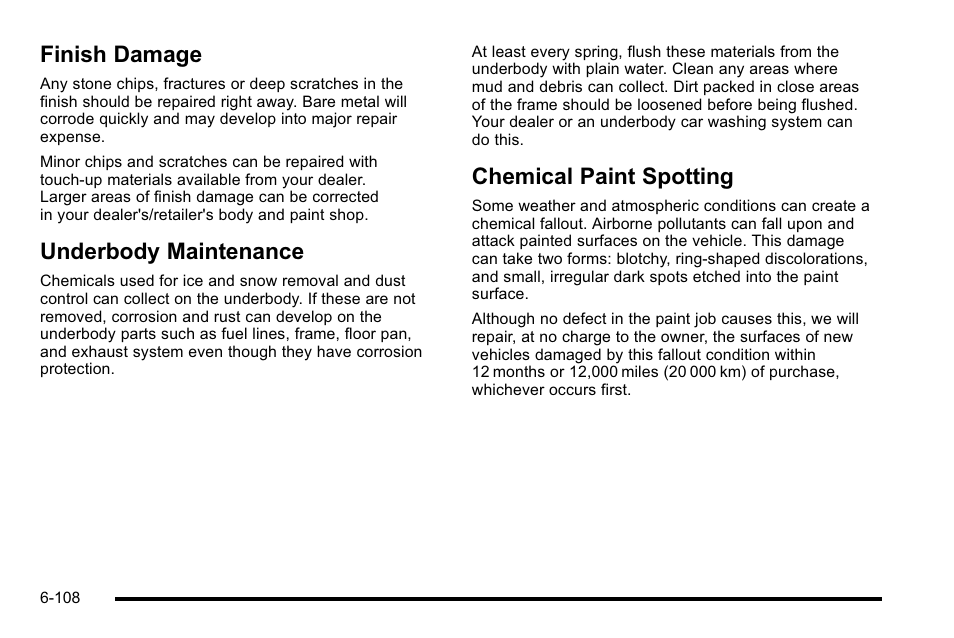 Finish damage, Underbody maintenance, Chemical paint spotting | Buick 2010 Lucerne User Manual | Page 410 / 474