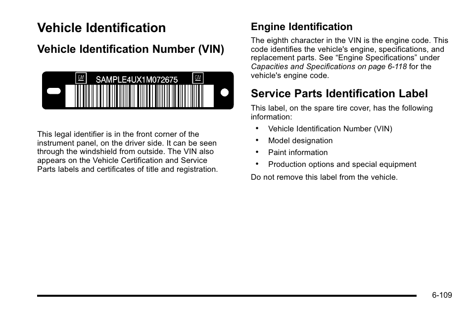 Vehicle identification, Vehicle identification number (vin), Service parts identification label | Vehicle identification -109, Customer, Engine identification | Buick 2010 Lucerne User Manual | Page 411 / 474