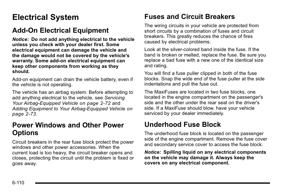 Electrical system, Add-on electrical equipment, Power windows and other power options | Fuses and circuit breakers, Underhood fuse block, Electrical system -110, Customer | Buick 2010 Lucerne User Manual | Page 412 / 474