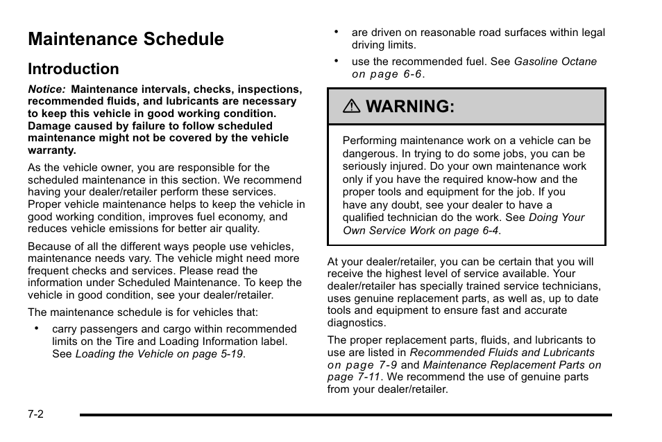 Maintenance schedule, Introduction, Maintenance schedule -2 | Introduction -2, Warning | Buick 2010 Lucerne User Manual | Page 424 / 474