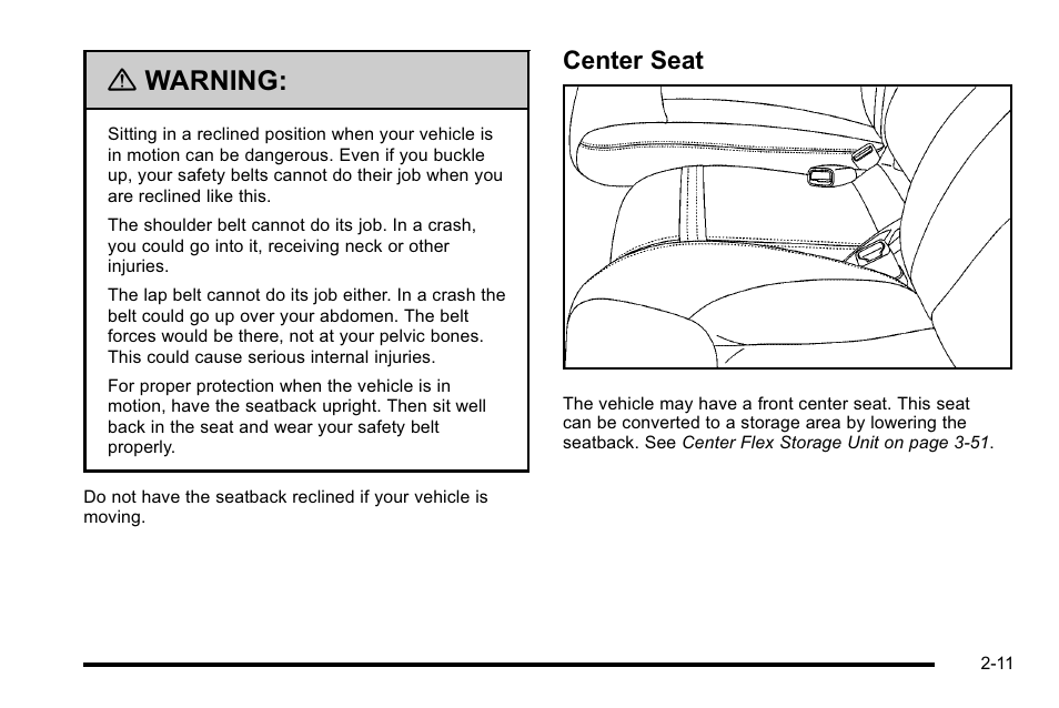Center seat, Center seat -11, Warning | Buick 2010 Lucerne User Manual | Page 43 / 474