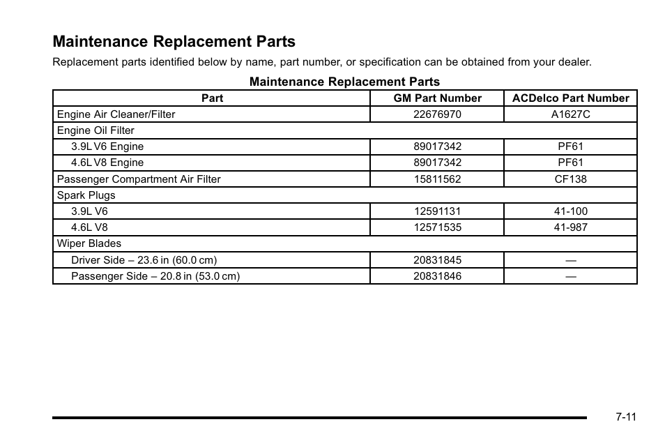 Maintenance replacement parts, Maintenance replacement parts -11 | Buick 2010 Lucerne User Manual | Page 433 / 474
