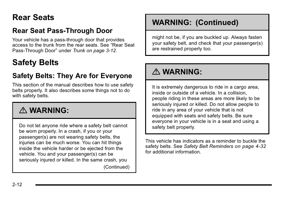 Rear seats, Rear seat pass-through door, Safety belts | Safety belts: they are for everyone, Rear seats -12 safety belts -12, Audio system(s), Rear seats -12, Rear seat pass-through door -12, Safety belts -12, Safety belts: they are for everyone -12 | Buick 2010 Lucerne User Manual | Page 44 / 474