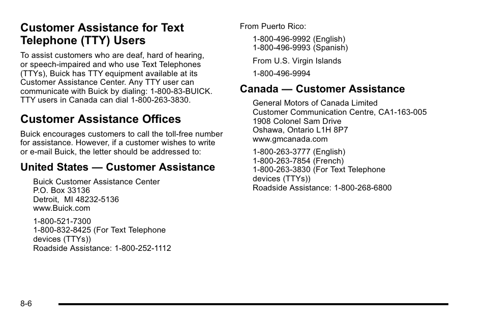 Customer assistance for text telephone (tty) users, Customer assistance offices, Customer assistance for text telephone (tty) | Users -6, Customer assistance offices -6, Reporting, United states — customer assistance, Canada — customer assistance | Buick 2010 Lucerne User Manual | Page 444 / 474