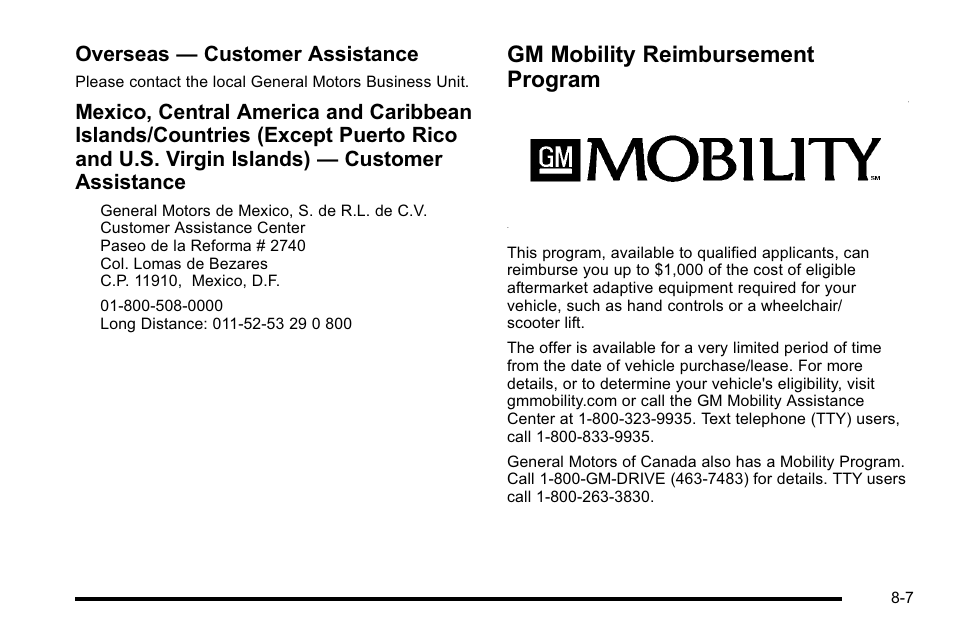 Gm mobility reimbursement program, Gm mobility reimbursement program -7, Overseas — customer assistance | Buick 2010 Lucerne User Manual | Page 445 / 474