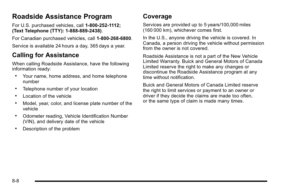 Roadside assistance program, Roadside assistance program -8, Vehicle | Calling for assistance, Coverage | Buick 2010 Lucerne User Manual | Page 446 / 474