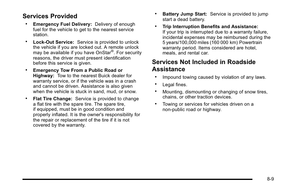 Services provided, Services not included in roadside assistance | Buick 2010 Lucerne User Manual | Page 447 / 474
