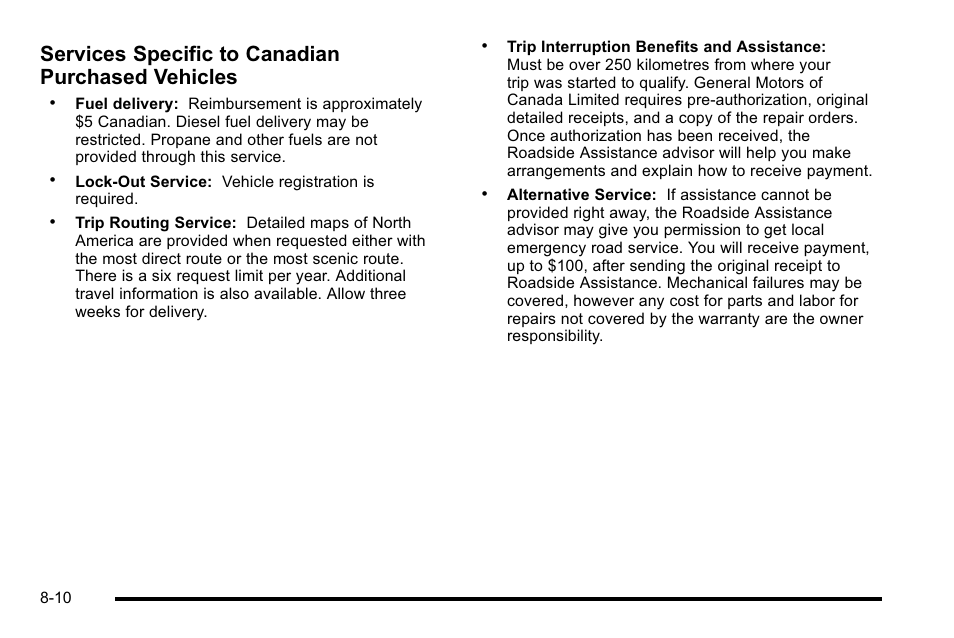 Services specific to canadian purchased vehicles | Buick 2010 Lucerne User Manual | Page 448 / 474