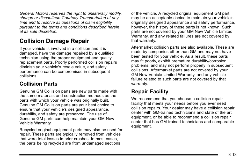 Collision damage repair, Collision damage repair -13, Navigation | Collision parts, Repair facility | Buick 2010 Lucerne User Manual | Page 451 / 474