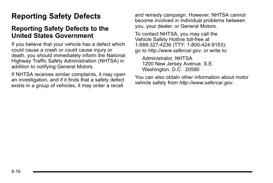 Reporting safety defects, Reporting safety defects -16, Reporting safety defects to the united states | Government -16 | Buick 2010 Lucerne User Manual | Page 454 / 474