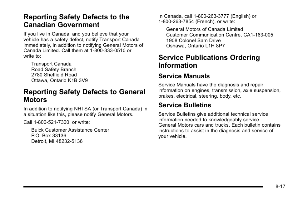 Reporting safety defects to general motors, Service publications ordering information, Reporting safety defects to the canadian | Government -17, Service manuals, Service bulletins | Buick 2010 Lucerne User Manual | Page 455 / 474