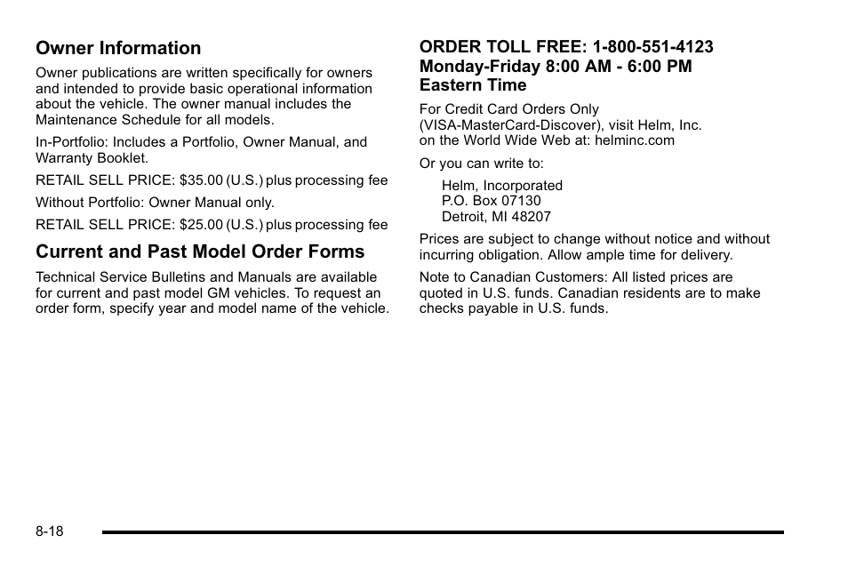 Owner information, Current and past model order forms | Buick 2010 Lucerne User Manual | Page 456 / 474