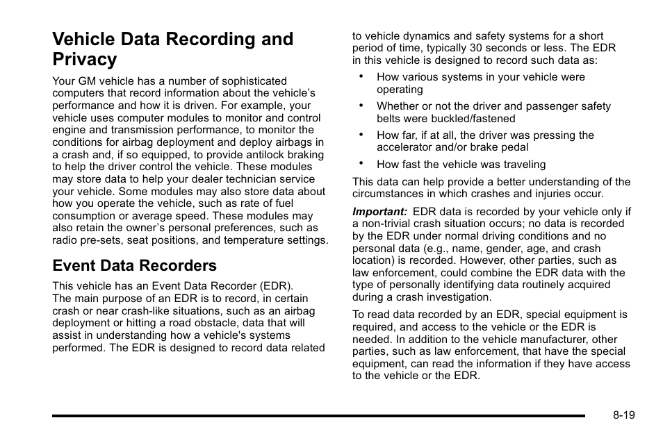 Vehicle data recording and privacy, Event data recorders, Vehicle data recording and privacy -19 | Data recording and privacy -19, Event data recorders -19 | Buick 2010 Lucerne User Manual | Page 457 / 474