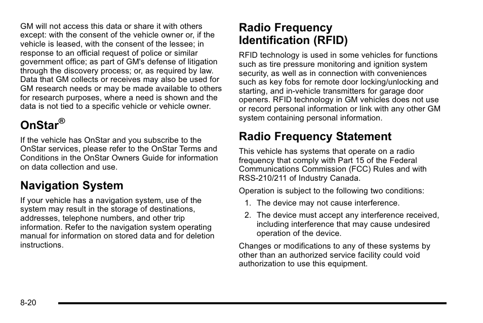 Onstar, Navigation system, Radio frequency identification (rfid) | Radio frequency statement | Buick 2010 Lucerne User Manual | Page 458 / 474