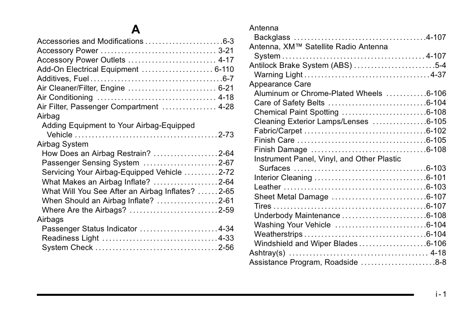 Index, Index_a | Buick 2010 Lucerne User Manual | Page 459 / 474