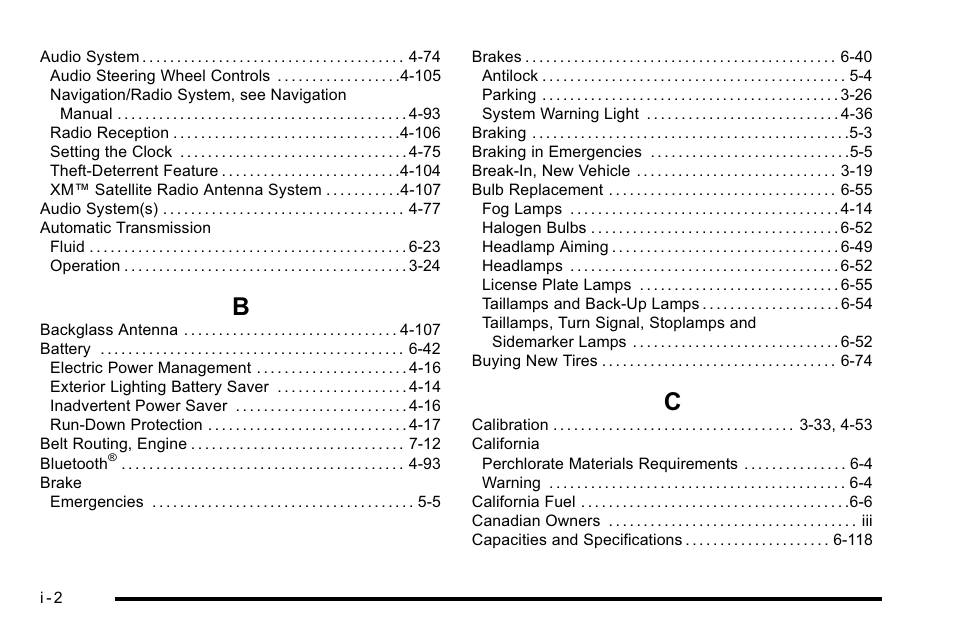 Index_b, Index_c | Buick 2010 Lucerne User Manual | Page 460 / 474
