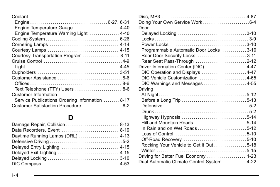 Index_d | Buick 2010 Lucerne User Manual | Page 462 / 474