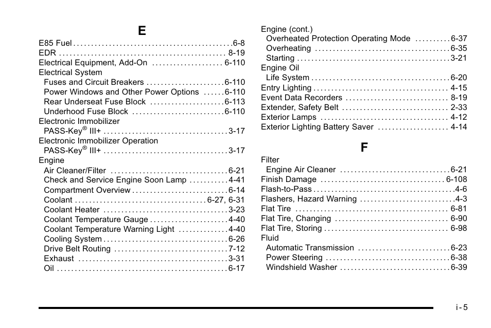 Index_e, Index_f | Buick 2010 Lucerne User Manual | Page 463 / 474