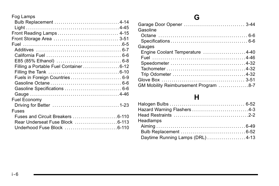 Index_g, Index_h | Buick 2010 Lucerne User Manual | Page 464 / 474