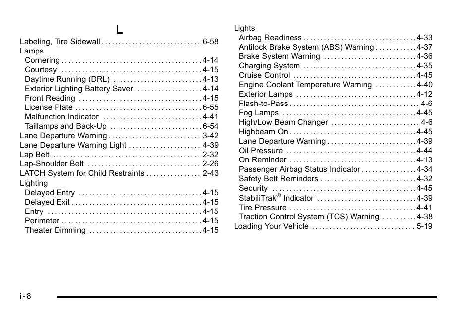 Index_l | Buick 2010 Lucerne User Manual | Page 466 / 474