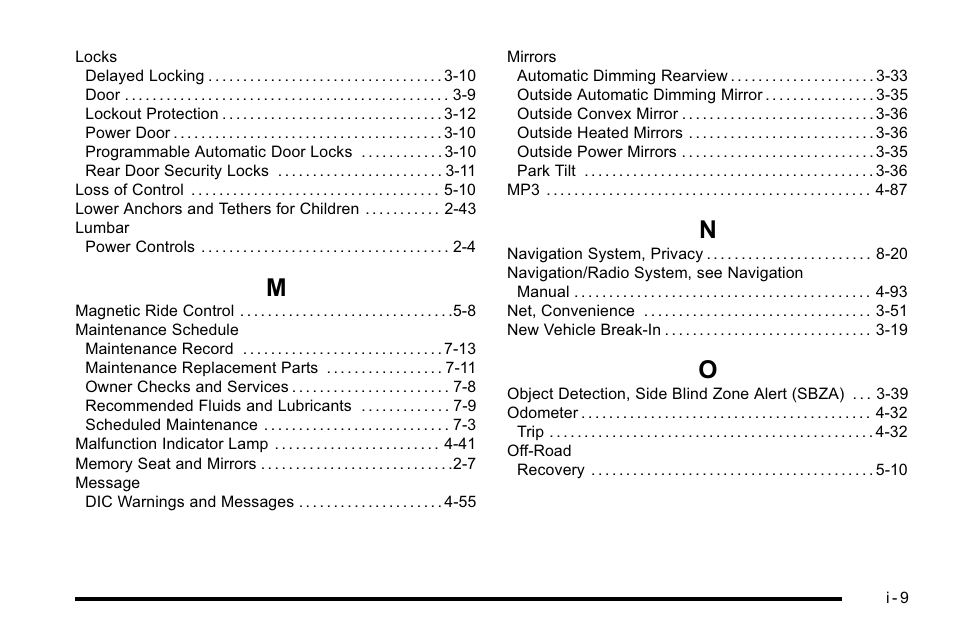 Index_m, Index_n, Index_o | Buick 2010 Lucerne User Manual | Page 467 / 474