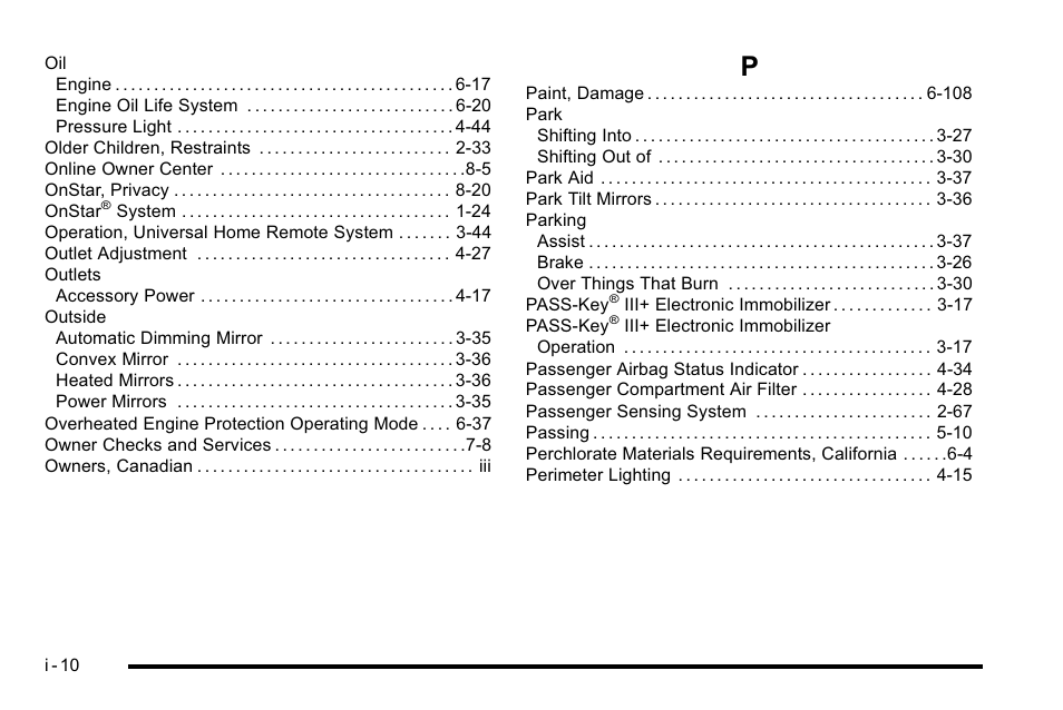 Index_p | Buick 2010 Lucerne User Manual | Page 468 / 474