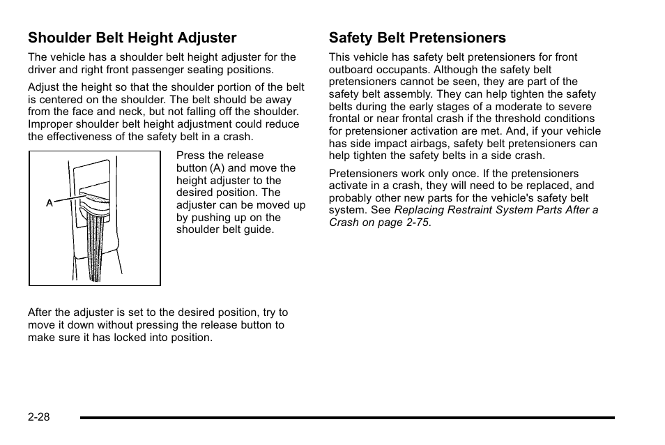 Shoulder belt height adjuster, Safety belt pretensioners | Buick 2010 Lucerne User Manual | Page 60 / 474