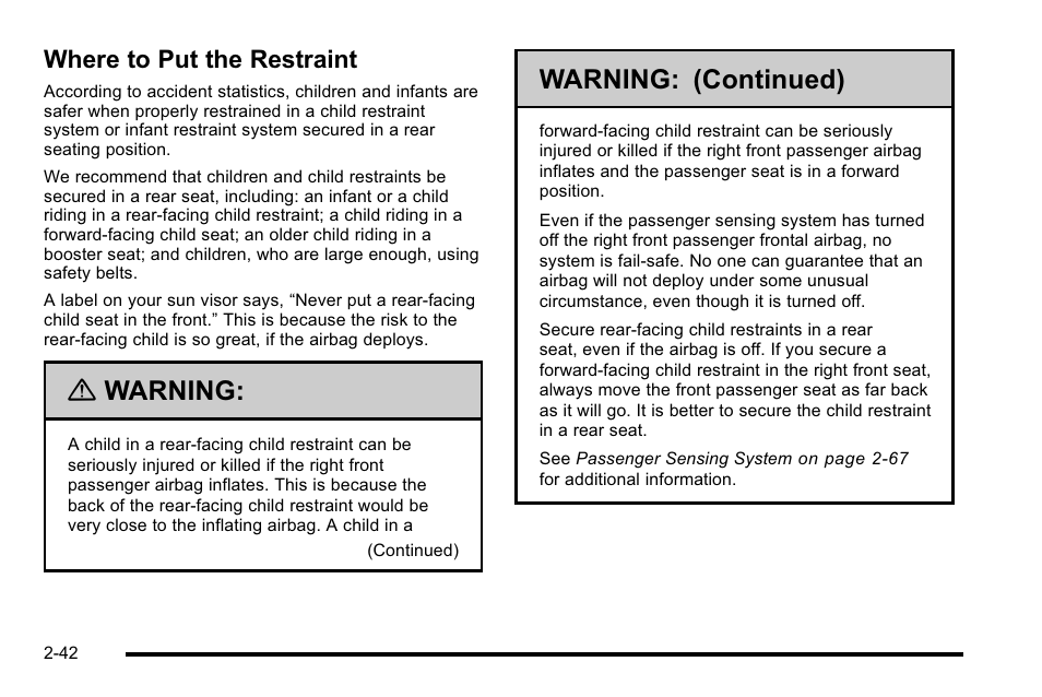 Where to put the restraint, Where to put the restraint -42, Warning | Warning: (continued) | Buick 2010 Lucerne User Manual | Page 74 / 474