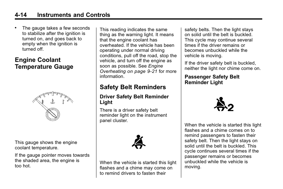Engine coolant temperature gauge, Safety belt reminders, Engine coolant temperature | Gauge -14, Safety belt reminders -14, 14 instruments and controls | Buick 2010 Lacrosse User Manual | Page 100 / 418