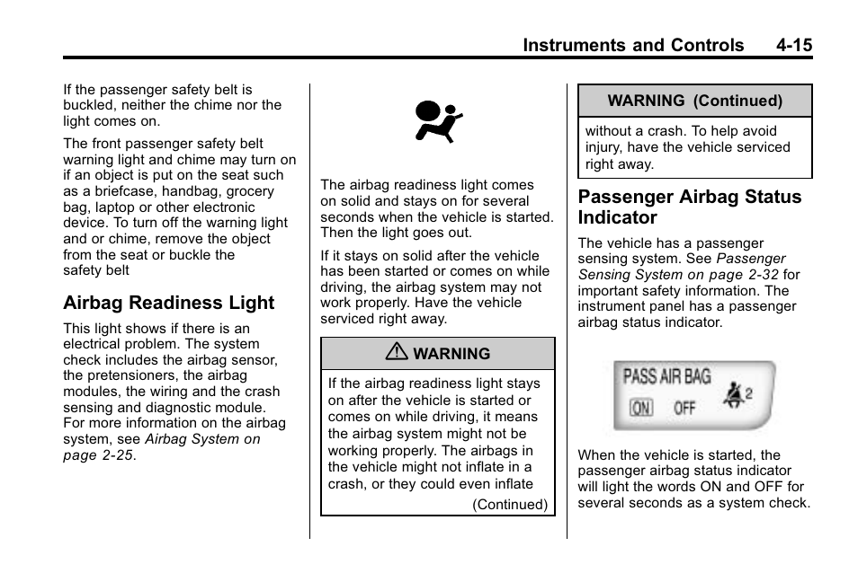 Airbag readiness light, Passenger airbag status indicator, Airbag readiness light -15 passenger airbag status | Indicator -15 | Buick 2010 Lacrosse User Manual | Page 101 / 418